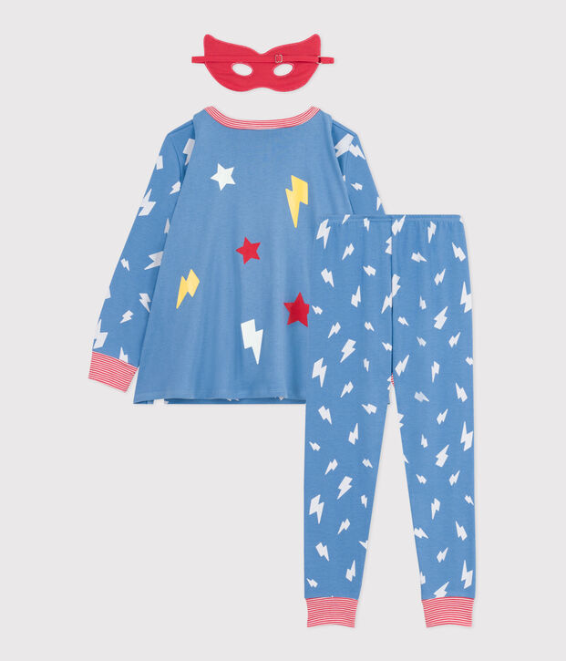 Children's short fancy dress pyjamas in glow-in-the-dark cotton with a cape blue/multicolor