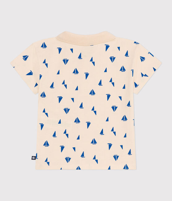 Babies' short-sleeved cotton polo shirt printed with little boats AVALANCHE blue/PERSE white