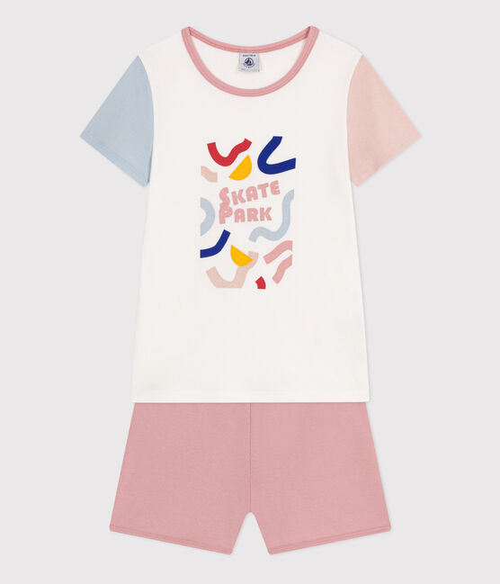 Children's Plain Short Cotton Pyjamas MARSHMALLOW white/MULTICO white