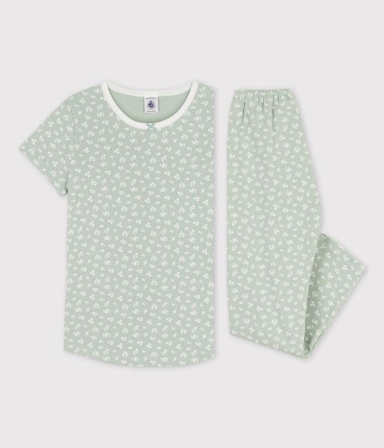 Girls' Short-Sleeved Floral Cotton Pyjamas HERBIER green/MARSHMALLOW
