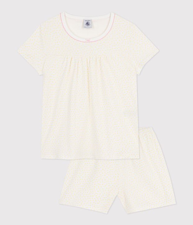 Children's cotton pyjamas with shorts with a gathered waist and polka dot print yellow/white
