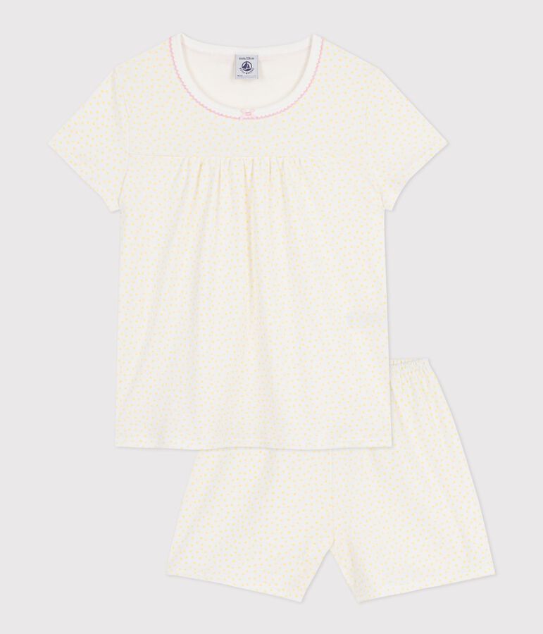 Children's cotton pyjamas with shorts with a gathered waist and polka dot print POPCORN yellow/MARSHMALLOW