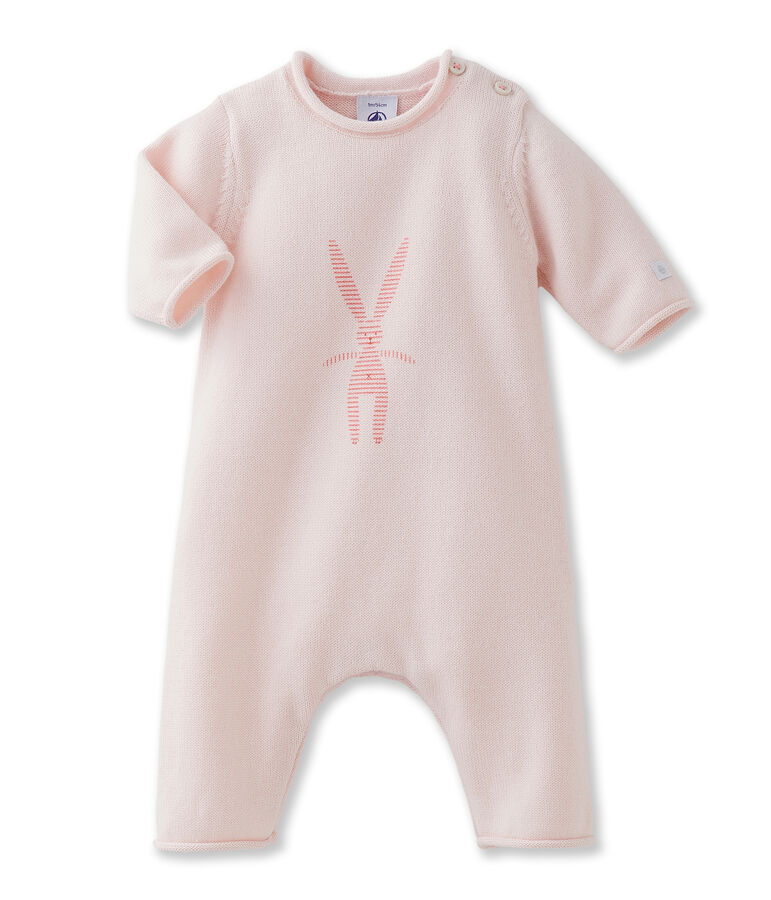 Unisex baby long all-in-one in wool and cotton knit with rabbit print pink