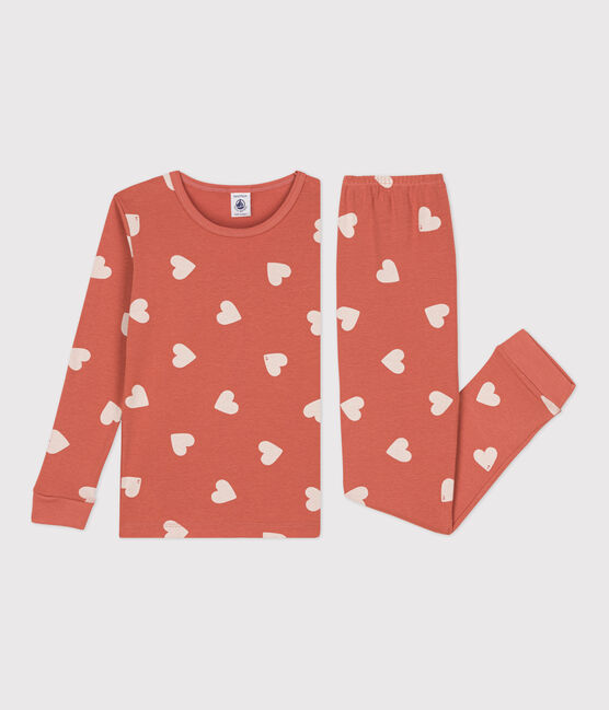 Girls' Heart Patterned Cotton Snugfit Pyjamas BRANDY pink/MARSHMALLOW white