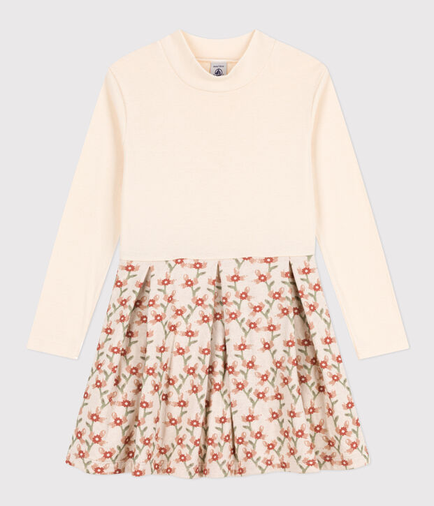 Girls' long-sleeved printed dress Ecru/multicolor