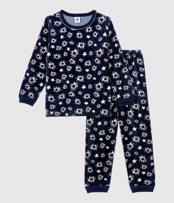 Boys' Star Print Velour Pyjamas SMOKING blue/MARSHMALLOW white
