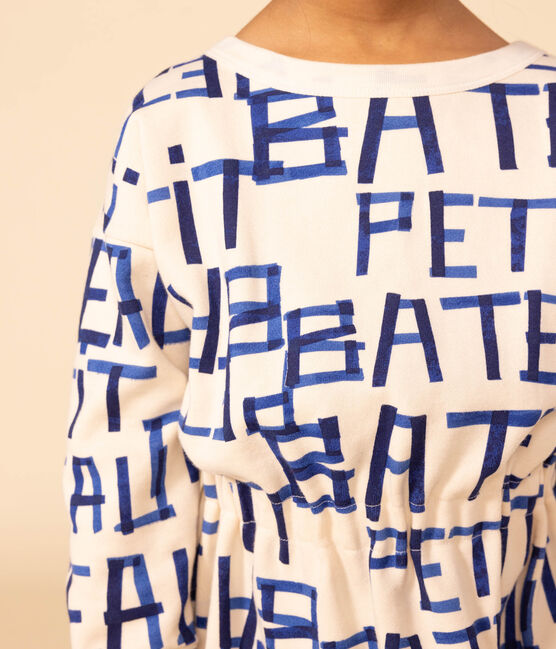 Girls' long-sleeved printed dress in brushed fleece. AVALANCHE white/MULTICO