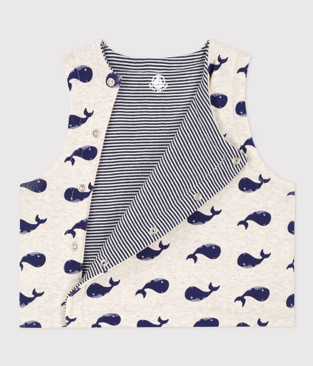 Babies' Reversible Whale Patterned Sleeveless Cotton Cardigan beige/blue
