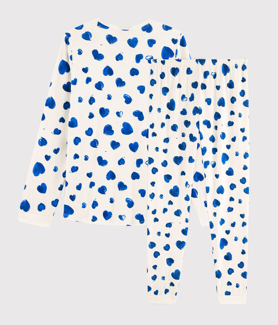 Girls' or Women's Heart Print Ribbed Pyjamas MARSHMALLOW white/BLEU blue
