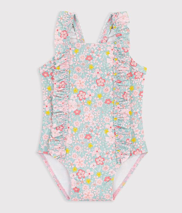 Babies' one-piece swimsuit with ruffles and a flower print. blue/multicolor