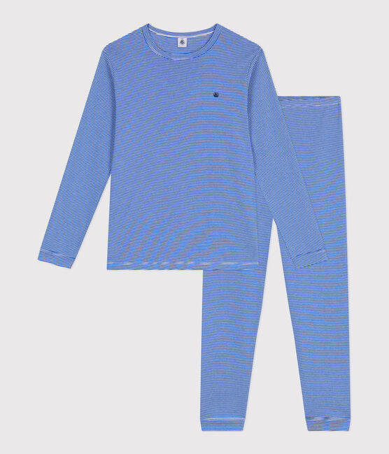 Children's stripy cotton pyjamas PERSE blue/MARSHMALLOW white