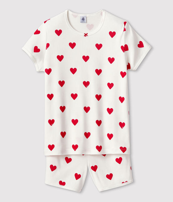 Girls' Heart Patterned Cotton Short Pyjamas MARSHMALLOW white/TERKUIT red