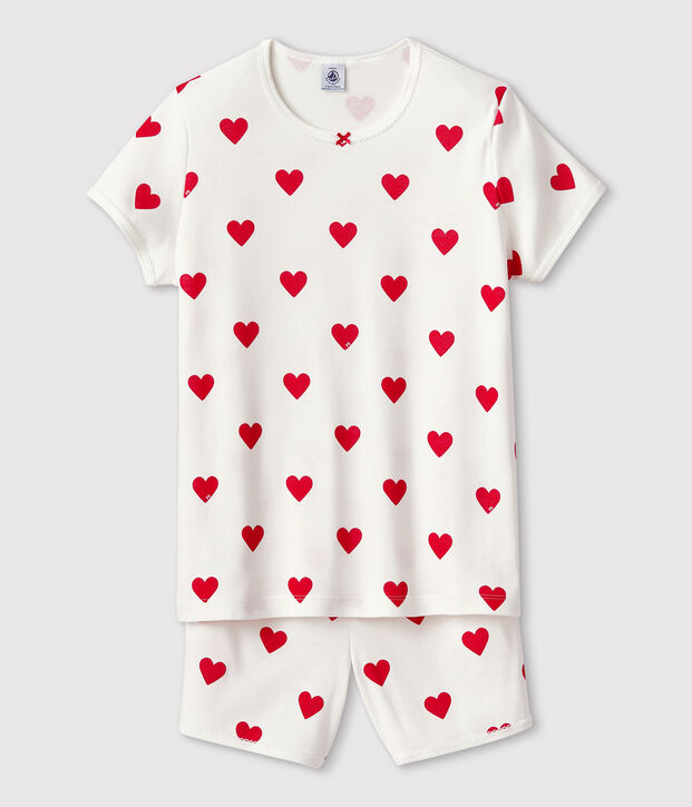 Girls' Heart Patterned Cotton Short Pyjamas white/red