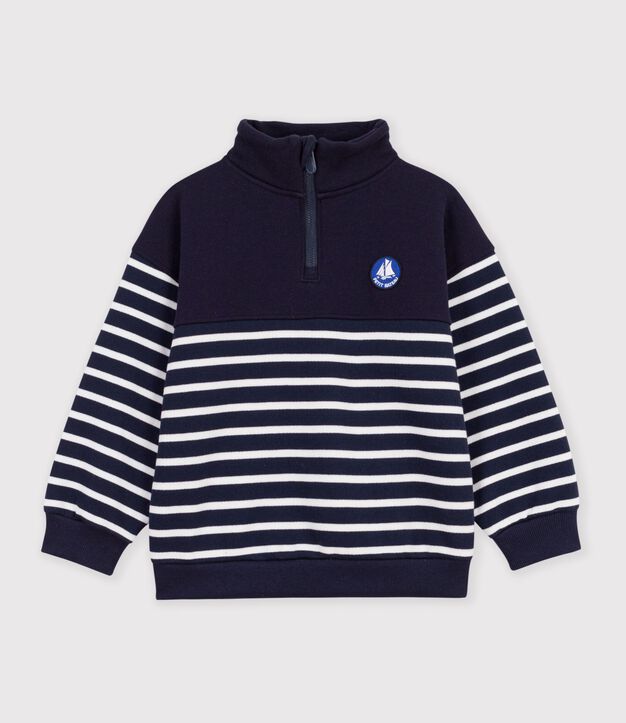 Children's stripy shawl collared cotton sweatshirt blue/white