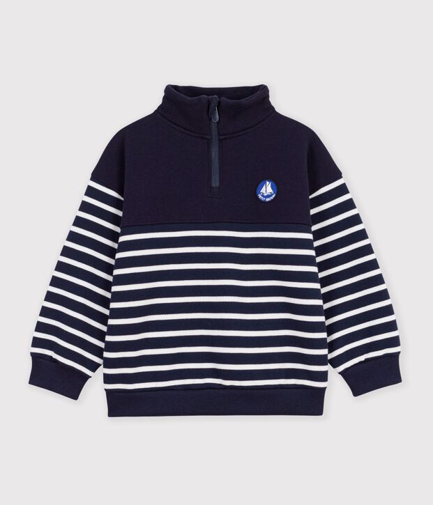 Children's stripy shawl collared cotton sweatshirt blue/white