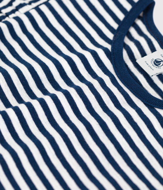 Girls' Striped Cotton T-Shirt MEDIEVAL blue/MARSHMALLOW white