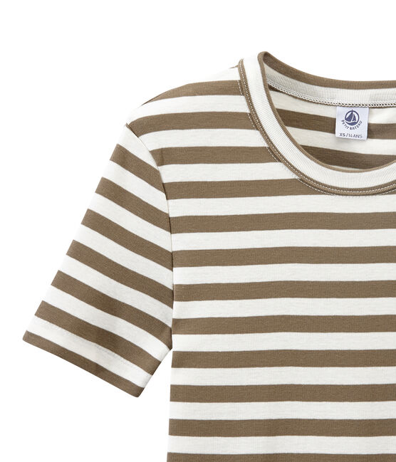 Women's T-shirt in heritage striped rib SHITAKE brown/MARSHMALLOW white