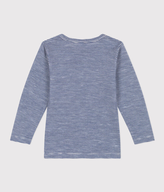 Children's long-sleeved wool and cotton striped T-shirt MEDIEVAL blue/MARSHMALLOW white