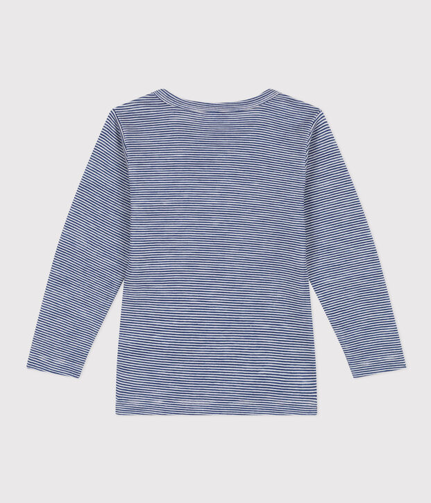 Children's long-sleeved wool and cotton striped T-shirt blue/white