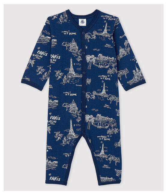 Babies' Toile de Jouy Footless Cotton Sleepsuit MEDIEVAL blue/ECUME white