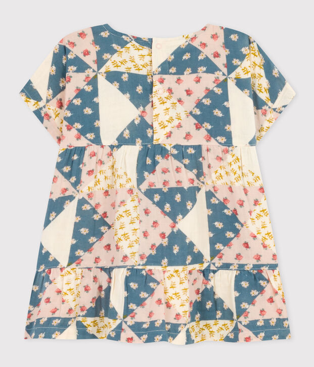 Babies' Short-Sleeved Cotton Gauze Patterned Dress Ecru/multicolor