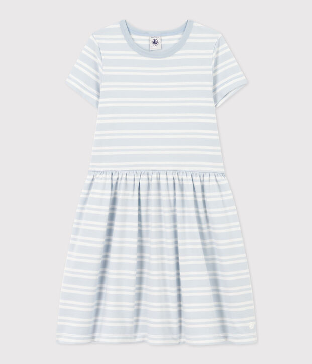Girls' Stripy Short-Sleeved Cotton Dress blue/white