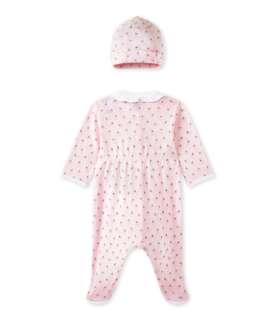 Baby girls' sleepsuit and its newborn hat VIENNE pink/MULTICO white