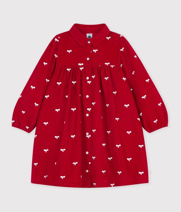 Children's corduroy dress with long sleeves and printed with bows red/ecru