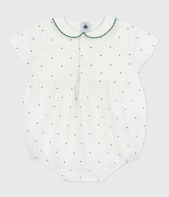 Babies' short-sleeved spotty print cotton rompers with a collar MARSHMALLOW white/MULTICO white