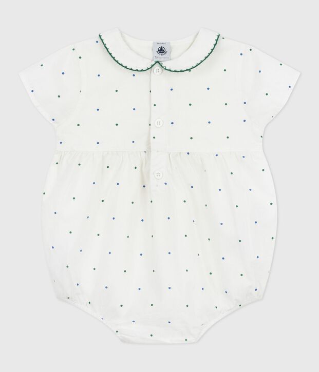 Babies' short-sleeved spotty print cotton rompers with a collar white/multicolor