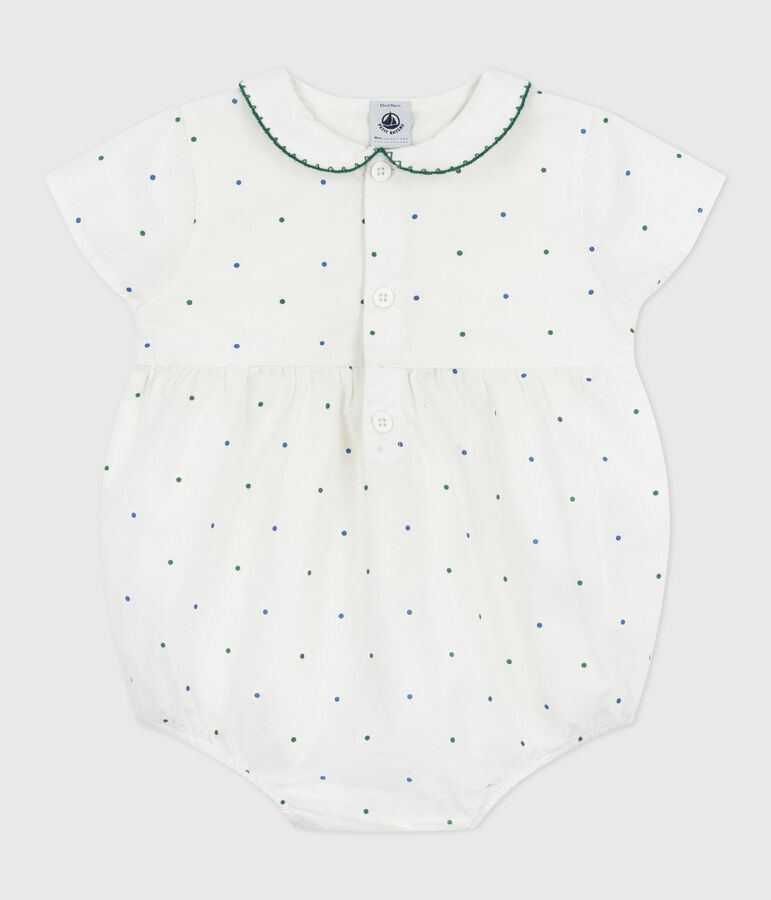 Babies' short-sleeved spotty print cotton rompers with a collar white/multicolor