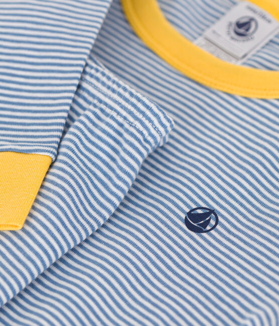 Children's stripy fitted cotton pyjamas BEACH blue/MARSHMALLOW