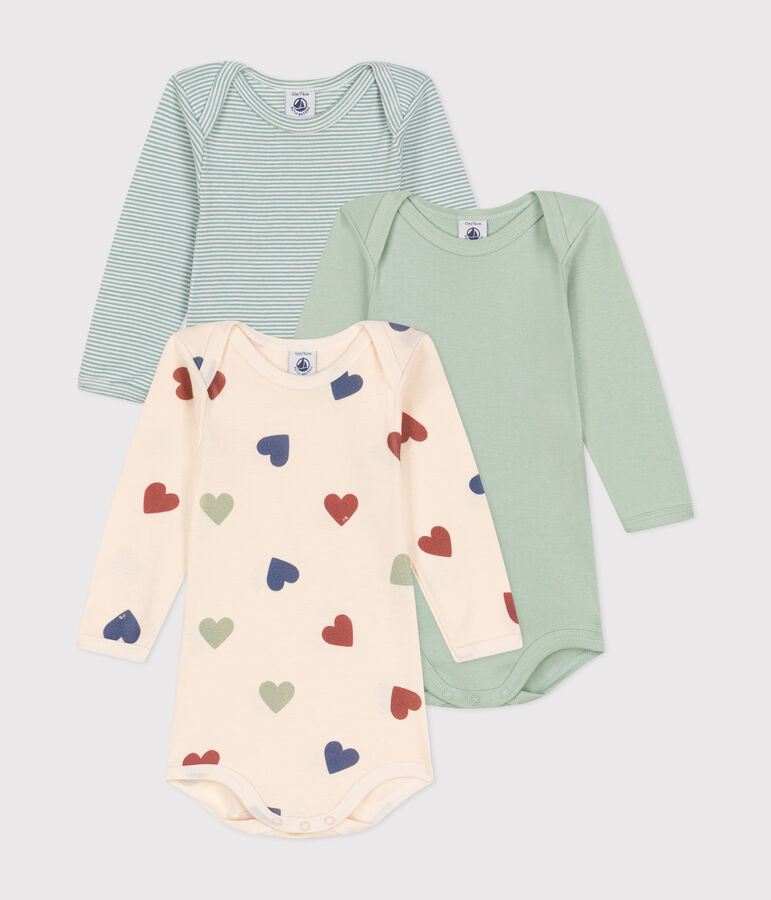 Babies' long-sleeved triple heart print cotton bodysuits - 3-Pack multicolor