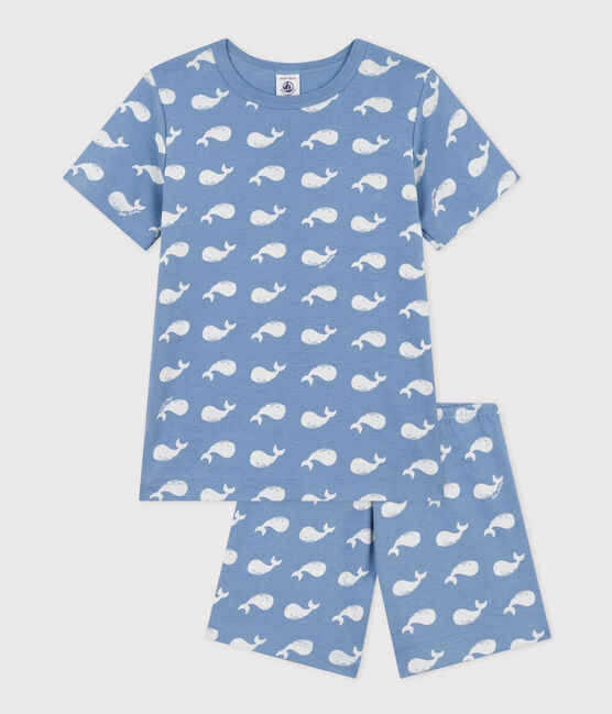 Children's Short Cotton Whale Print Pyjamas BEACH blue/MARSHMALLOW