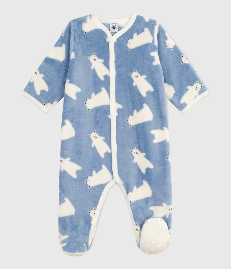 Babies' winter onesie in bear-print fleece blue/ecru
