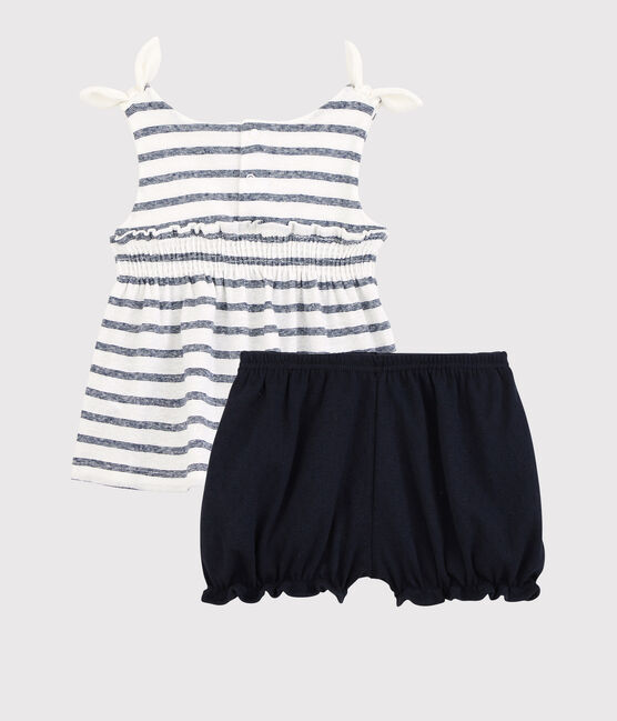 Baby Girls' Cotton and Linen Blend Blouse and Bloomers Ensemble MARSHMALLOW white/MEDIEVAL blue