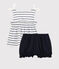 Baby Girls' Cotton and Linen Blend Blouse and Bloomers Ensemble MARSHMALLOW white/MEDIEVAL blue