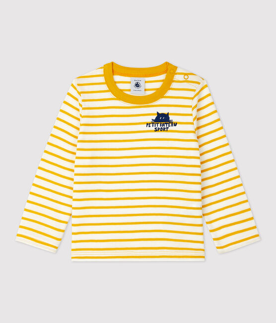 Babies' Striped Cotton T-Shirt MARSHMALLOW white/BOUDOR yellow