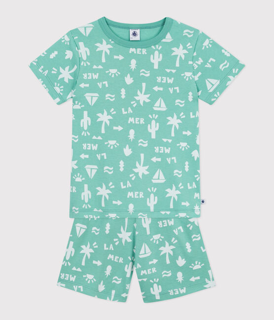 Children's short printed cotton pyjamas ALOEVERA green/MARSHMALLOW white