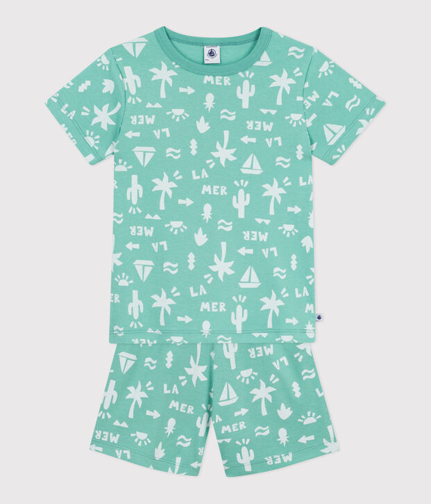 Children's short printed cotton pyjamas green/white