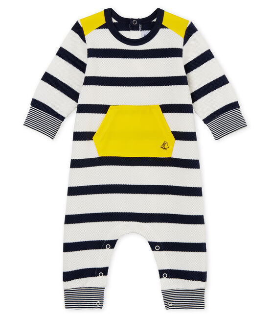 Baby boys' breton striped long all-in-one MARSHMALLOW white/SMOKING blue