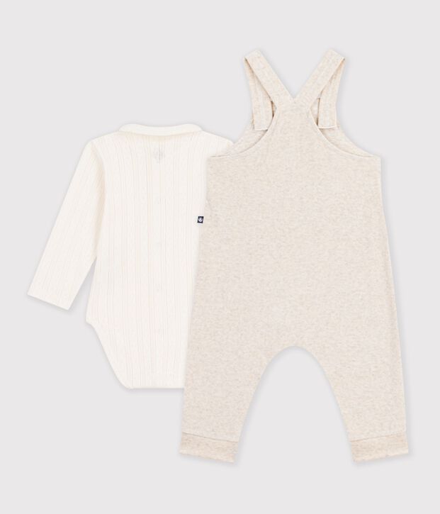 Babies' plain dungarees and body set in cotton with a collar Ecru/ecru