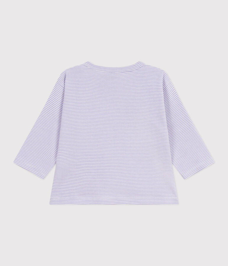 Babies' long-sleeved stripy cotton T-Shirt purple/white