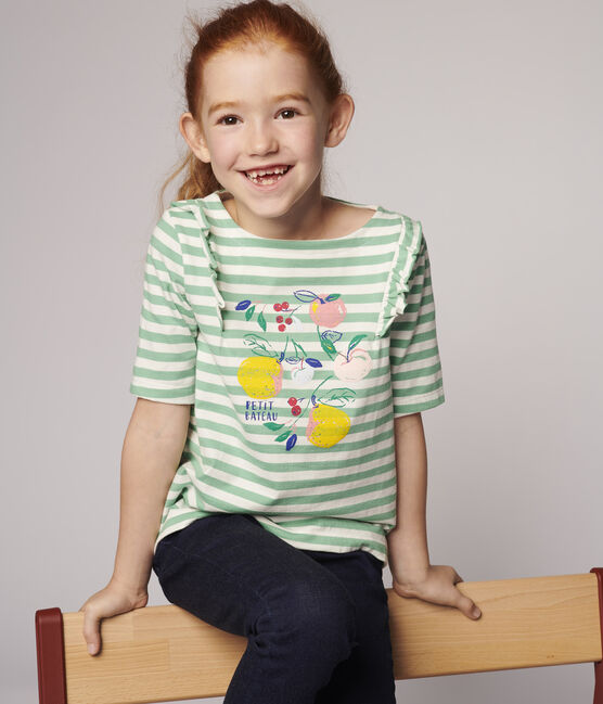 Girls' Short-Sleeved Jersey T-shirt ALOEVERA green/MARSHMALLOW white