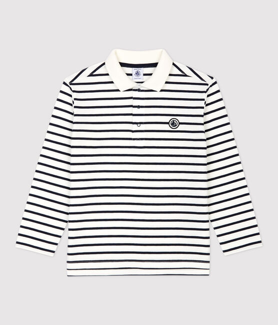 Boys' Striped Long-Sleeved Cotton Polo Shirt MARSHMALLOW white/SMOKING blue