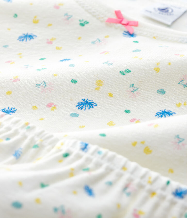 Girls' Floral Cotton and Linen Blend Short Pyjamas MARSHMALLOW white/MULTICO white