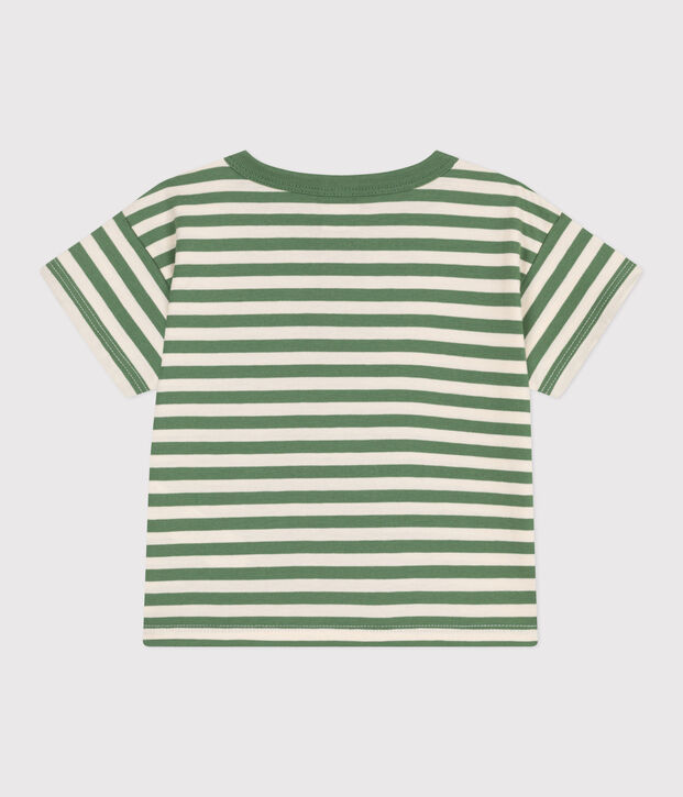 Babies' short-sleeved stripy cotton T-shirt green/ecru