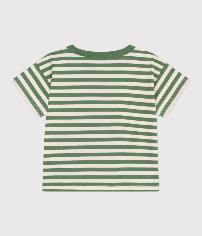Babies' short-sleeved stripy cotton T-shirt green/ecru