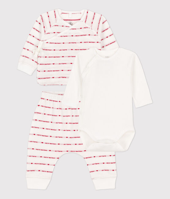 Babies' Organic Jacquard Clothing - 3-Piece Set MARSHMALLOW white/TERKUIT red