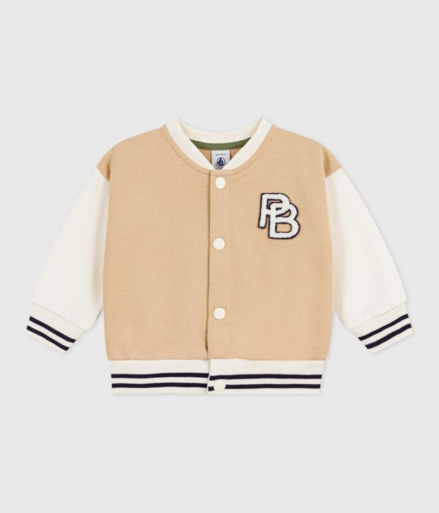 Babies' varsity-style jacket in colourblock cotton with a badge beige/ecru